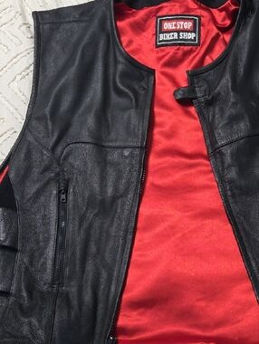 Men's Black Leather Vest with Red Lining